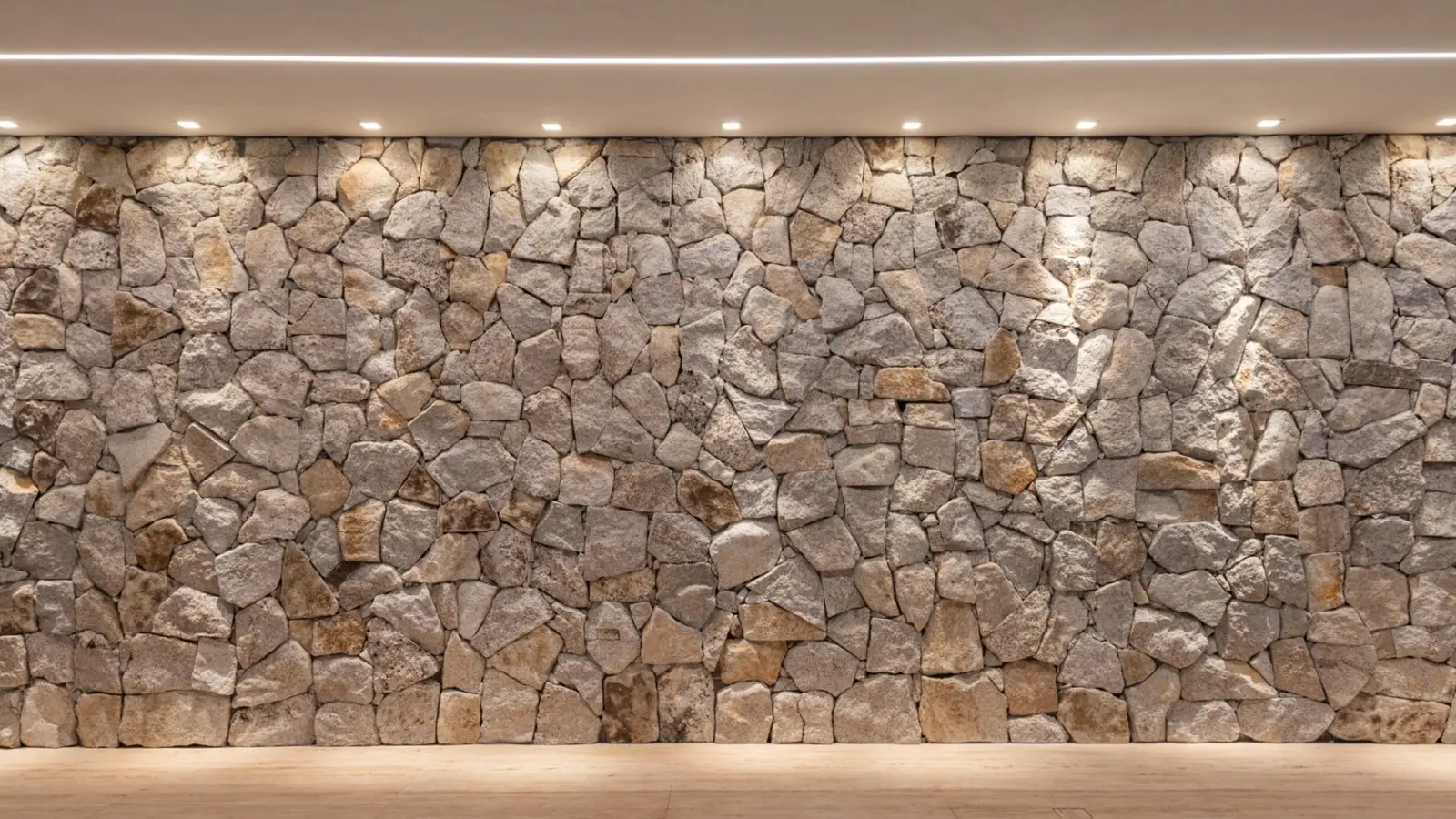 Parede ampla revestida com Pedra Moledo e iluminação superior